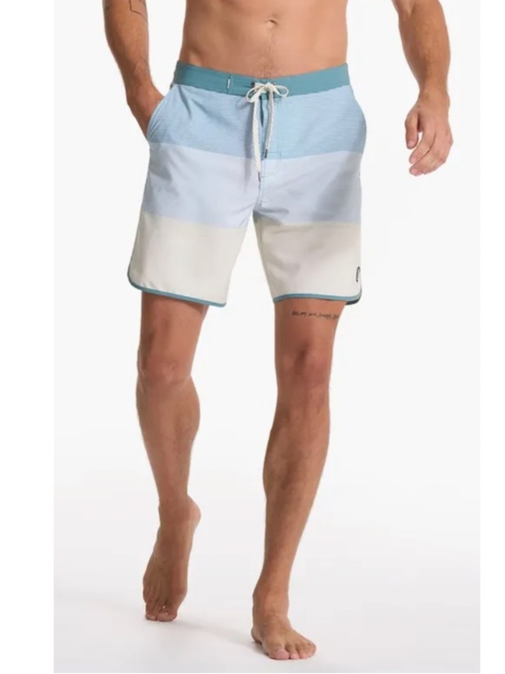 Vuori Men's striped Colorblock Swim Trunks - Light Blue & yellow - size 32